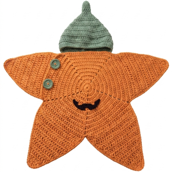 An orange crocheted star-shaped baby pajamas with a green knit hat on top, featuring embroidered facial features and two decorative buttons on the left side, set against a plain white background.